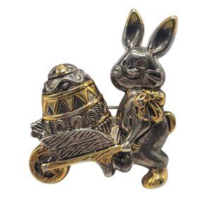 Vtg Bunny & Egg Wheelbarrow Brooch Pin Gold-Tone Silver-Tone Metal Easter Gift
